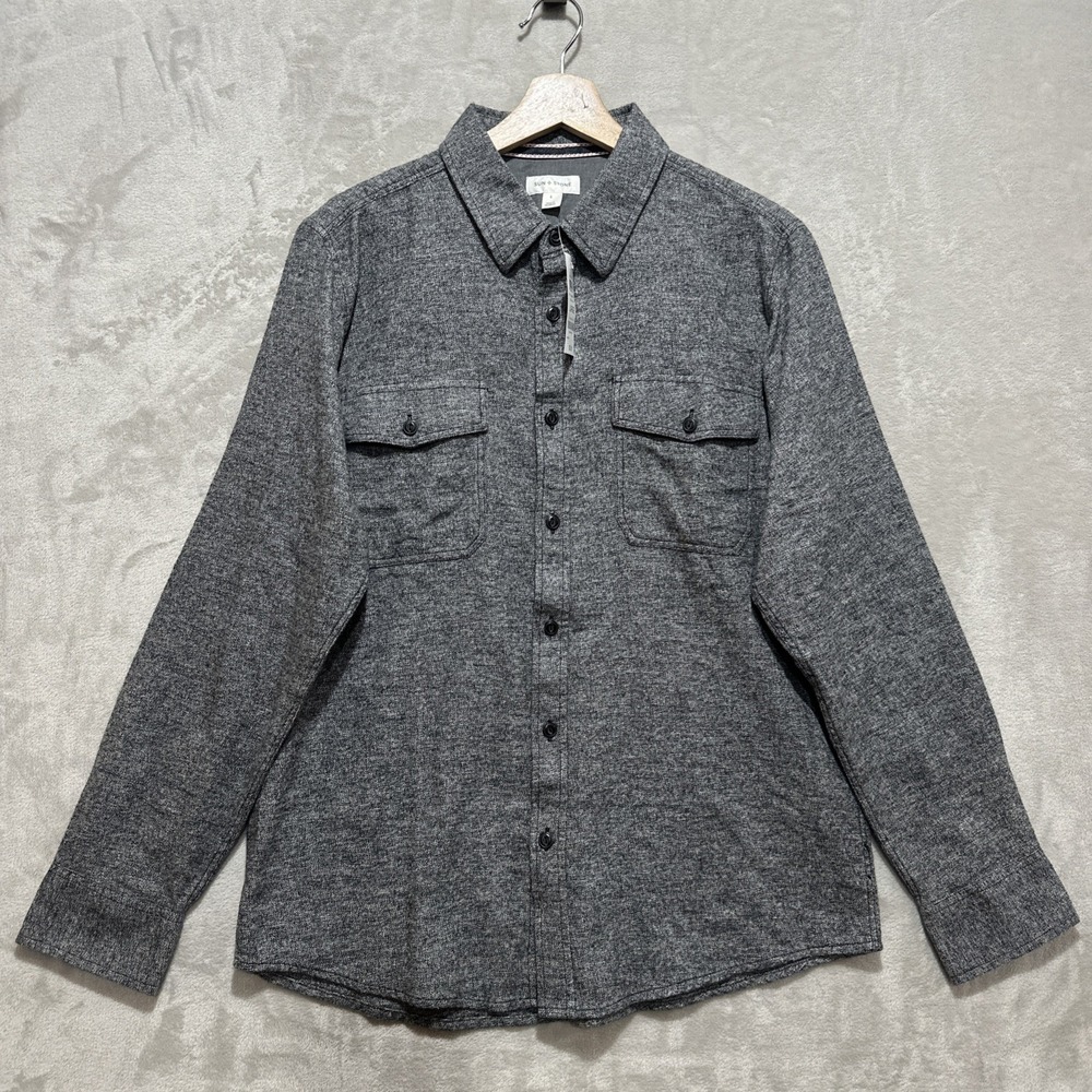 Sun + Stone Men's Flannel Long Sleeve Button Shirt Deep Black Comb Size L NWT
